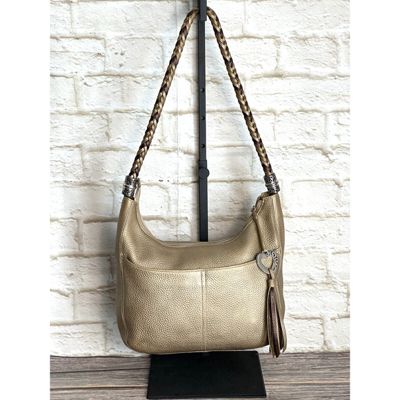 Brighton "Barbados" Gold Pebbled Leather Hobo Shoulder Bag with Braided Strap. - Picture 9 of 16